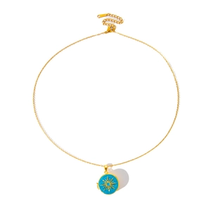 Detail of S925 sterling silver stamp on lobster clasp of gold solar sun locket necklace