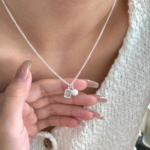 French style silver necklace with square cubic zirconia and pearl on a delicate chain