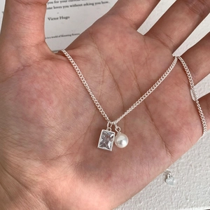 Square Zircon And Artificial Pearl Pendant Necklace For Women Elegant Brass Chain Choker French Style Fashion Jewelry Accessory
