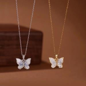 Butterfly Pendant Necklace Titanium Steel Copper Shell Zircon Inlaid Elegant Korean Style Jewelry For Women