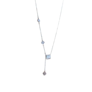 Elegant silver-tone Y-shaped fringe necklace with light blue floral accents and adjustable slide