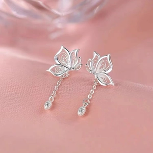 Orecchini A Nappa Farfalla Cava Rame Design Filigrana Catena Lunga Goccia Stile Elegante Per Donne