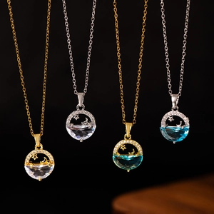Fishtail Star Moon Pendant Necklace Titanium Steel Copper With Faceted Blue Zircon Elegant Hollow Jewelry For Women