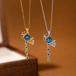 Blue Zirconia Copper Pendant Necklace Titanium Steel Chic Fish Star Tassel Charm Elegant Niche Jewelry For Women