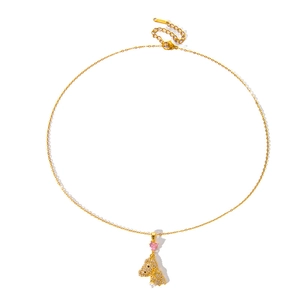 Golden horse head necklace with pink heart gem and small pearl charm on fine chain