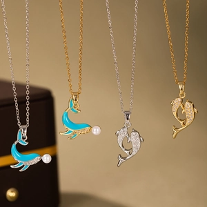 Collier Dauphin Acier Inoxydable Avec Zirconium Émail Bleu Et Pendentif Künstliche Perle Bijoux Thème Océan Pour Femmes
