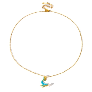 Collier en acier inoxydable doré avec pendentif dauphin bleu, perle et cristaux scintillants