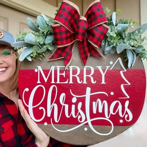 Christmas Door Sign Round Wood Plaque With Buffalo Plaid Bow And Artificial Leaves For Front Door Porch Farmhouse Decor