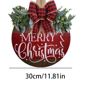 30cm Round Merry Christmas wooden door sign with plaid bow and artificial greenery decoration