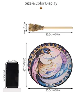 Size chart for Shamanic drum showing 10-inch diameter and mallet dimensions
