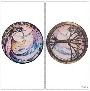 Detailed front and back views of shaman drum with bird pattern and tree of life frame