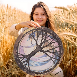 Detailed view of shamanic drum with tree of life and phoenix pattern in a golden field