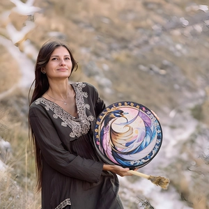 Artistic Shaman drum with colorful phoenix pattern and fur-trimmed mallet in nature