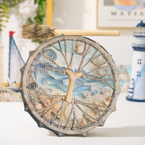 Macro detail of ocean wave ocean drum with shell patterns and wooden plush mallet
