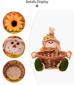 Detailed views of scarecrow harvest basket featuring sunflower headpiece and woven texture