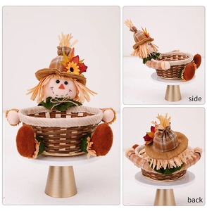 Three-view detail of a scarecrow candy basket with sunflowers for Thanksgiving decor