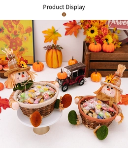 Detail of harvest scarecrow candy baskets with bamboo weave and festive autumn decor