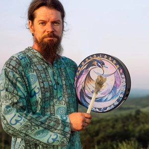 Artistic Shamanic Drum with phoenix pattern and wooden mallet for ritual decoration
