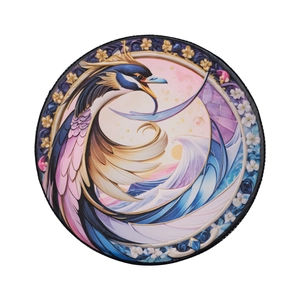 Artistic percussion drum with mythical bird design and vibrant colorful feathers decoration