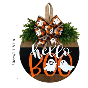 Halloween 30cm wooden door sign with hello BOO text, ghost patterns and plaid bow
