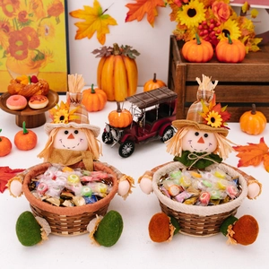 Thanksgiving Scarecrow Candy Basket Harvest Party Desktop Decoration Bamboo Weaving Storage Basket Sunflower Maple Leaf