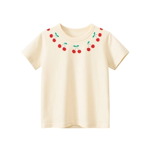 T-Shirt en Coton pour Filles Manches Courtes Imprimé Cerise Col Rond Décontracté Été Haut Doux Respirant pour Enfants Abricot