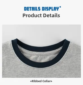Close-up of high-quality grey cotton fabric and durable blue ribbed neckline on kids' T-shirt
