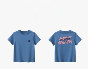 Front and back views of a blue kids T-shirt featuring pink graphic letter prints