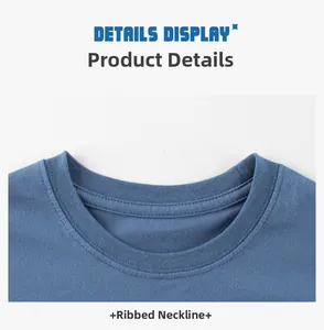 Close-up of the blue cotton t-shirt featuring a durable ribbed neckline and neat stitching