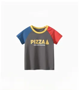 Close-up of kids' cotton T-shirt featuring pizza graphic and contrast raglan sleeves