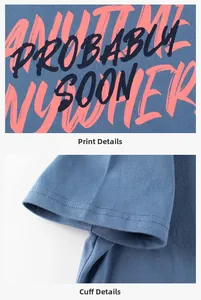 Close-up of graphic print and stitching details on blue cotton kids short sleeve t-shirt