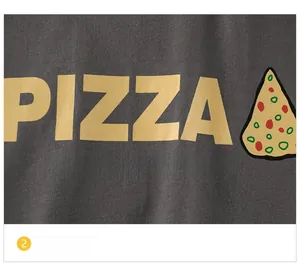 Detail of dark gray cotton T-shirt featuring yellow Pizza text and cartoon graphic
