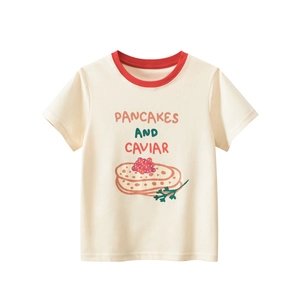 T-shirt À Manches Courtes Pour Filles Enfants Pur Coton Dessin Animé Pancakes Caviar Imprimé Col Rond Contrasté Haut D'été