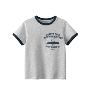 Kids Cotton Short Sleeve T-Shirt Heather Grey Ringer Tee Cartoon Surfer Dog Print Summer Casual For Boys And Girls