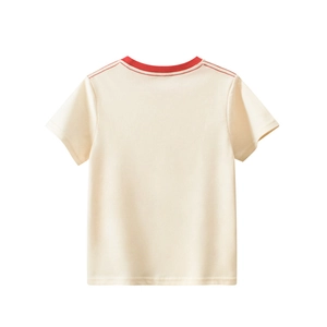 T-shirt enfant blanc cassé avec col rond rouge contrasté et surpiqûres aux épaules dos