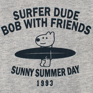 Short sleeve grey t-shirt featuring a cute cartoon bear holding a surfboard graphic