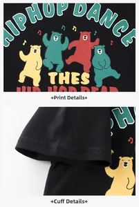 Detail von Hip-Hop-Bärendruck und Doppelnaht am schwarzen Kinder-Baumwoll-T-Shirt