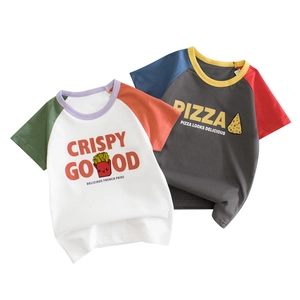 Girls Kids T-Shirt Cotton Raglan Short Sleeves Color Block Cartoon Pizza Fries Print Crew Neck Casual Summer Top