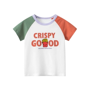 Kids colorblock raglan sleeve T-shirt with cute French Fries cartoon and letter prints