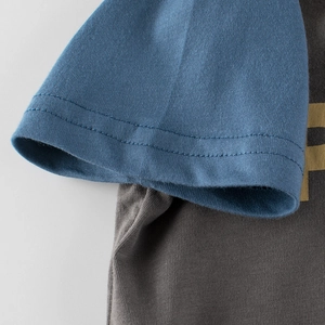 Kids grey cotton T-shirt with blue contrast sleeves and neat stitching details