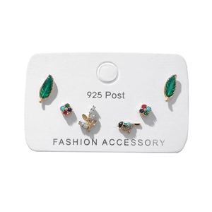 Detail of 925 silver post earrings featuring green leaf and colorful bird designs