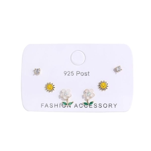 Detailed view of six-piece earring set featuring 925 silver posts and floral designs