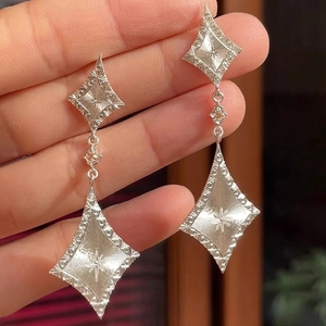 Vintage Brushed Brass Rhombus Drop Earrings Star Engraving Zirconia Inlaid Geometric Ear Jewelry For Women Daily Party Elegant Accessories