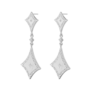 Brushed silver rhombus drop earrings with vintage engraved patterns and star detailing