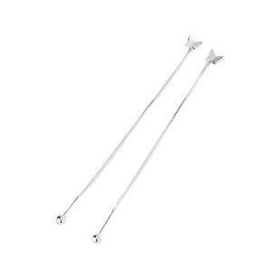 Elegant silver butterfly tassel drop earrings with delicate chain on white background