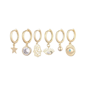 6-piece gold earring set with hollow star moon and hamsa hand zircon charms