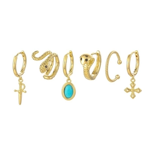 Detailed close-up of a 6-piece gold earring set featuring hollow stars and moon designs