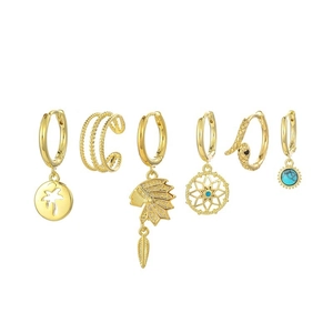 Bohemian gold earring set featuring hollow coconut tree, dreamcatcher and snake designs