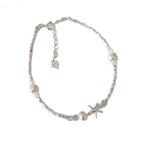 S925 silver starfish bracelet with pearls and blue beads on a clean white background