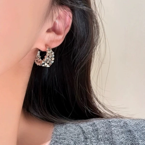 Chic silver layered irregular hoop earrings for women with a textured crystal effect